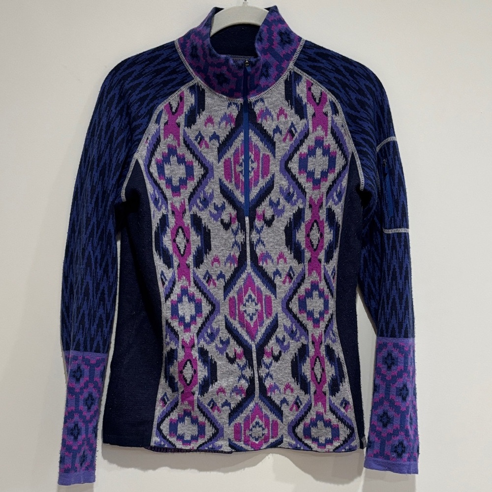 Title Nine Merino Wool Zip Jacket Sweater Purple Blue Fair Isle Small